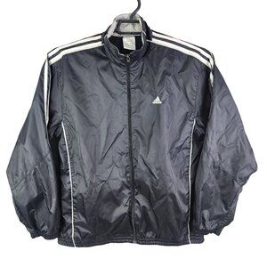 Mens Black Adidas Track Jacket White Stripes Logo Full Zip Long Sleeve Size L
